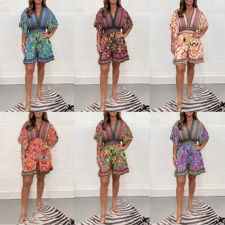 Frauen Boho Overall Urlaub Strampler Shorts Lose Overall Sommer Playsuit ▽ - Bild 2 von 4