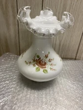 Fenton Art Glass Ruffled Edge Hand Painted Vase- 7 1/2” Tall - No Chips