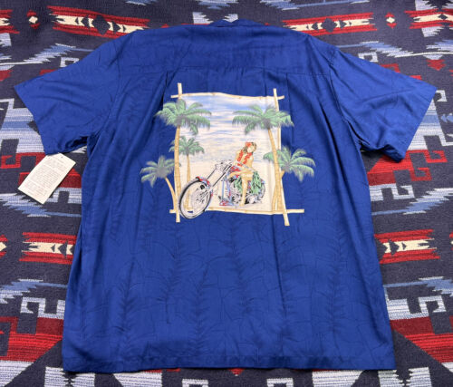 80s Vtg Rayon Hawaiian Shirt Motorcycles Tiki Bar Biker Hula Girl Magnum PI Sz L