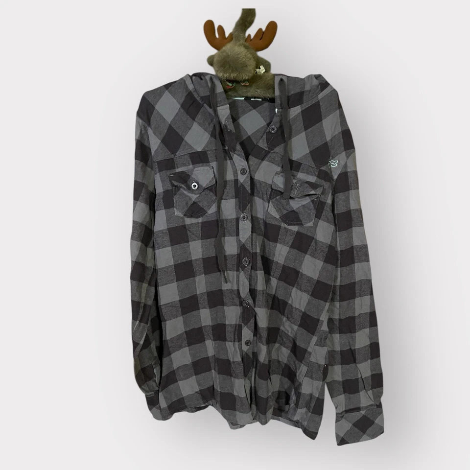 Fox Racing Big Boys Size XL Gray/Black Plaid Hooded Button Up Shirt - Image 2 of 4