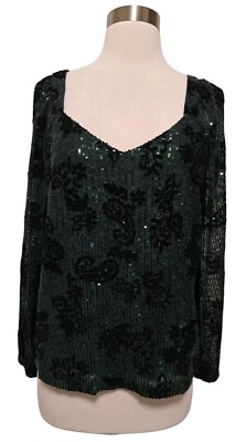 Loft Ann Taylor Womens Sequins All Over Blouse Size Small Green Long Sleeve
