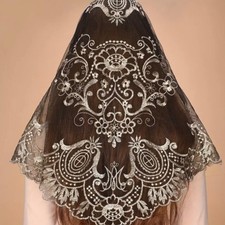 Head Veil Mantilla Catholic Church Veil Head Cover Black Golden Embroidered