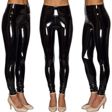 Allacki Wet Look Shiny Vinyl PVC High Waist Stretch Leggings Pencil Pants