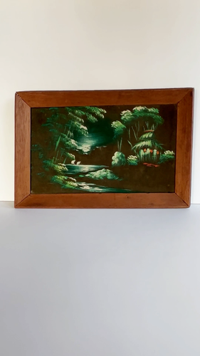 VTG Velvet Tiki Painting Moonlit Tropical Water Illuminated Hut Landscape Framed - Video 1 of 1