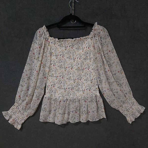 Pavement Size 16 White Floral Top Off Shoulder Shirred Bodice Sheer Sleeves