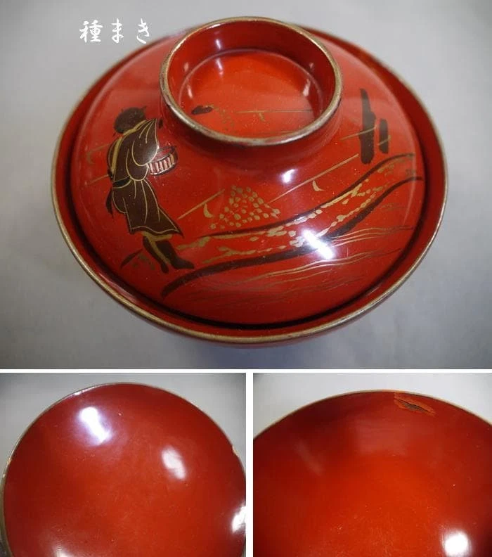 Antiguo juego de 8 cuencos de sopa de laca japonesa con diseño de arroz de humor madera Foto 4 de 4