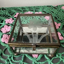 Vintage Glass Brass Mirror Bottom Floral Etched Square Trinket Jewelry Box