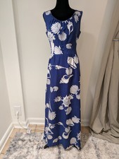 Vintage 1970s Waltah Clarke Blue Hawaiian Dress XS White Shells Maxi Sleeveless