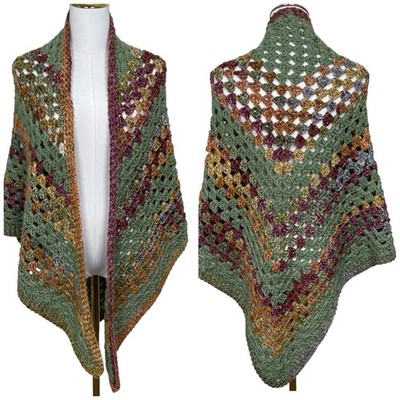 Vintage Handmade Crochet Granny Square Triangle Shawl Green Multicolor Boho Wrap