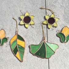Handmade Stained Glass Green Yellow Brown Suncatcher Flower Leaf Decorative Art