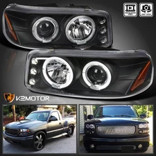 Black Fits 1999-2006 GMC Sierra Yukon XL Denali LED Halo Projector Headlights