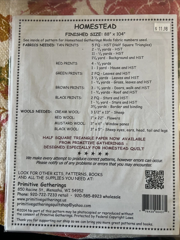 "HOMESTEAD" Primitive Gatherings Wool Appliqué Quilt Pattern Folk Art 88x104 - Image 2 of 4