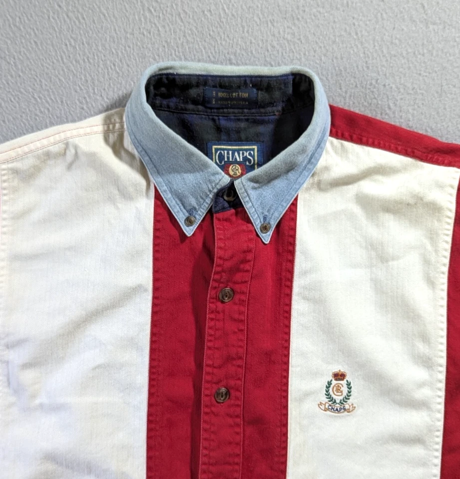 Camisa De Colección Chaps Ralph Lauren Para Hombres L Roja Blanca Azul Rayas Abotonada Años 90 EE. UU. Foto 2 de 4