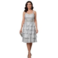Elegant Davids Bridal Silver Tiered Ruffle Cocktail Dress 14 Mother of Bride