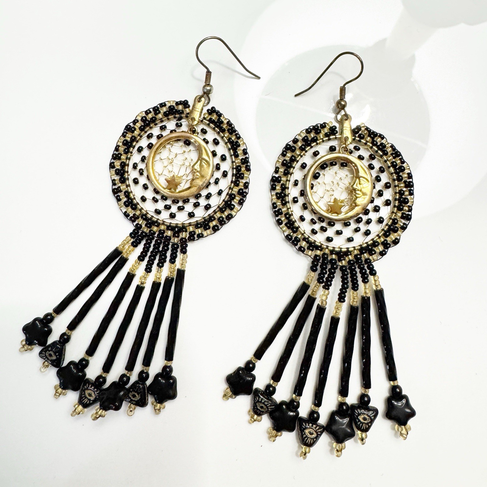 Celestial Dreamcatcher Dangle Earrings Black Bead… - image 1
