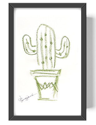 Guajardo Art: Green Cactus 9X6 Original Paper Signed Whimsical Art