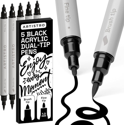 5 Black Acrylic Paint Markers Paint Pens for Drawing, Brush + Fine Tips For...