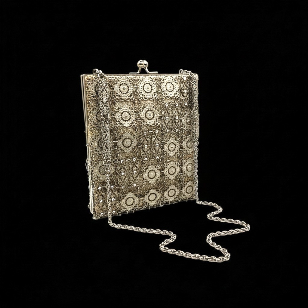 Vintage 1930s Petite Filigree Evening Bag Made in France Rhinestone Embellished