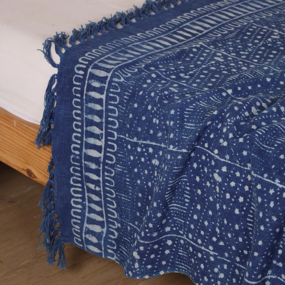 Bohemian Indigo Blue Blanket Block Print Lightweight Cotton Throw for Bed Sofa - Image 3 of 4