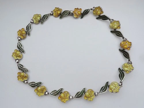Vintage MARGOT DE TAXCO Sterling Silver & Enamel Green & Yellow Necklace, Signed