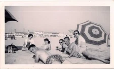 Sunbathing Swimsuit Family Men Women Kids On Long Beach Umbrella Photo