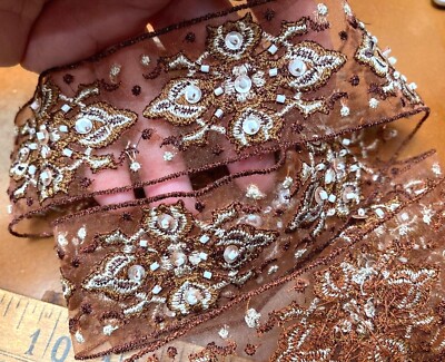 embroidered beaded hand hewn trim 1.5'' rust pearl  1yd
