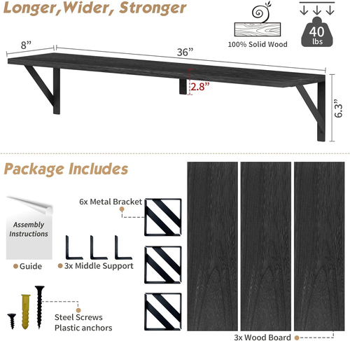 Floating Shelves 36 Inches Long 8 in Deep Set of 3, Large Wall Shelf for Bedroom - Picture 3 of 7