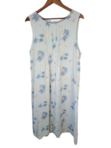 VTG Match Size Large Dress 100% Linen Green Blue Beach Tropical Palm Made in USA - Picture 3 of 5