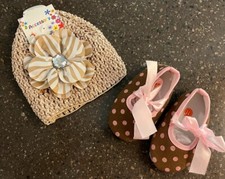 baby crocheted hat BEIGE FLOWER BROWN POLKA DOT booties size 11