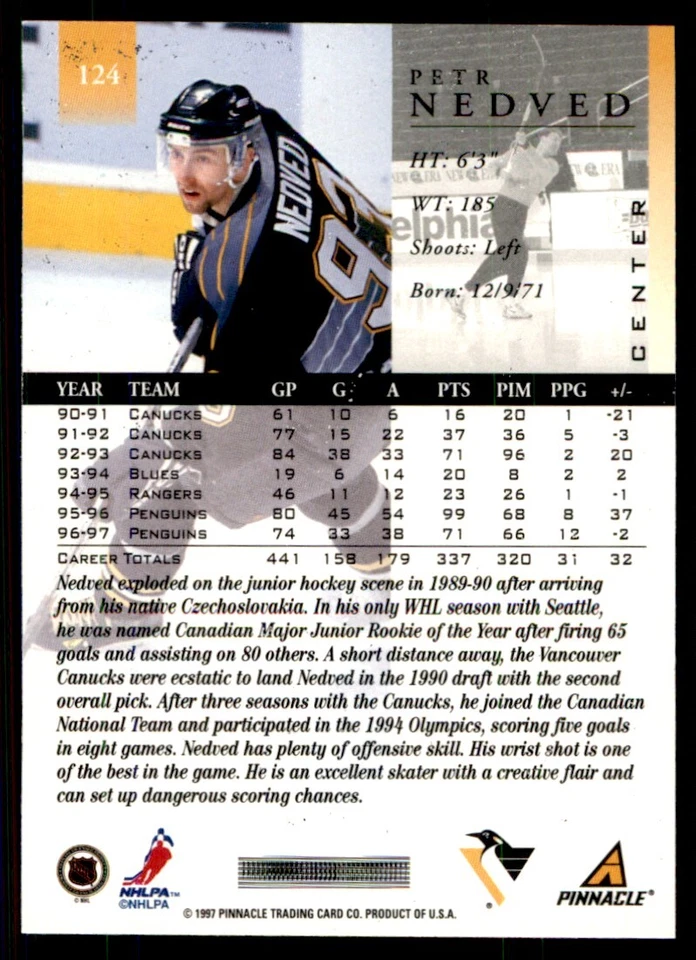 1997-98 Pinnacle Petr Nedved Pittsburgh Penguins #124 - Image 2 of 2