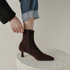 Womens Fashion Faux Suede Pointy Toe Kitten Heel Stretched Ankle Boots Shoes