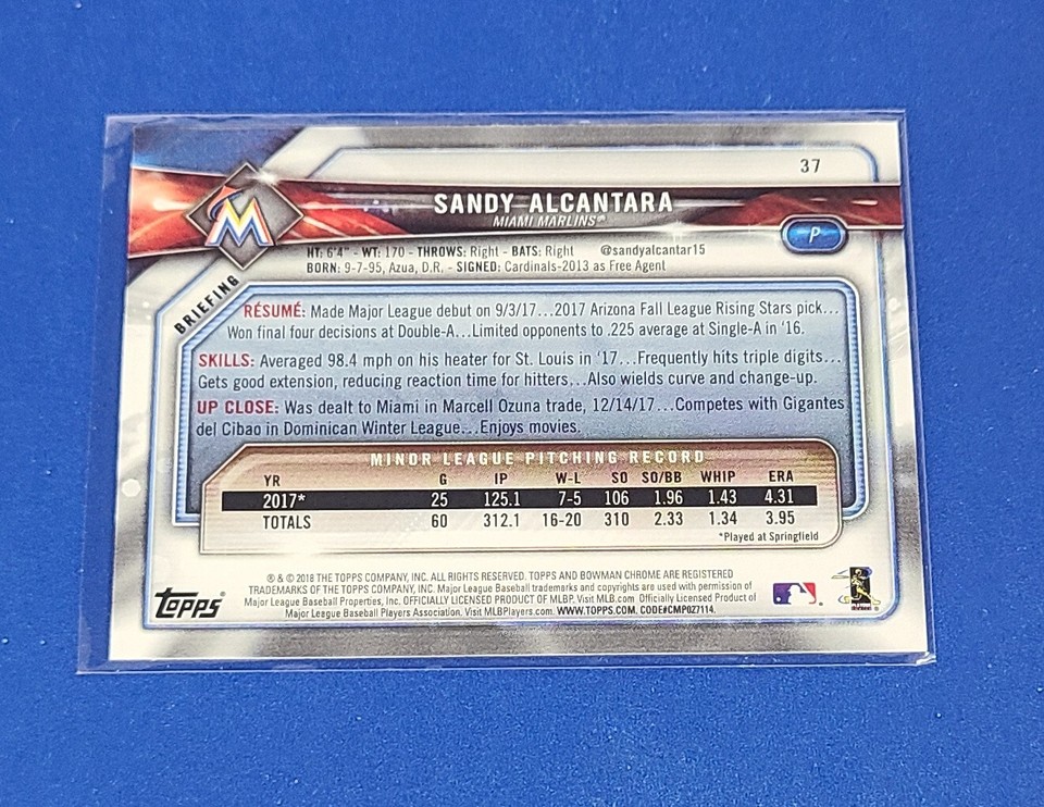 2018 Bowman #37 Sandy Alcantara RC Miami Marlins …