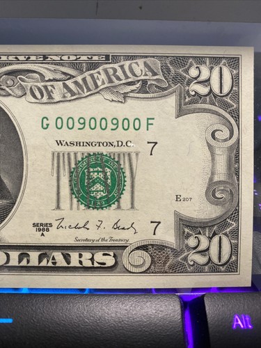 Fancy Radar Binary ~ Rare 1988 Old Face $20 ~ 00900900 ~ UNC!Super Top Rare! - Picture 2 of 4
