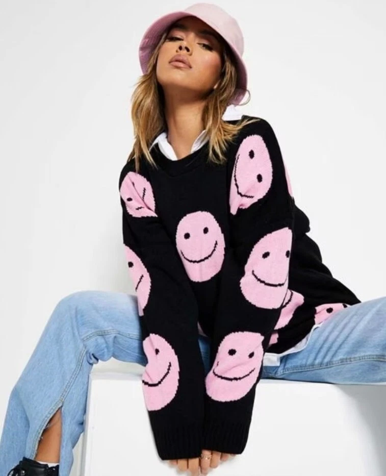 I Saw It First Black Pink Smiley Face Oversized Jumper M 12 14