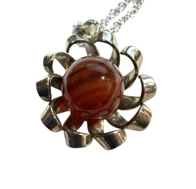 Striped Art Glass Sphere Floral Shape Pendant on Silvertone 17'' Necklace Jewelry