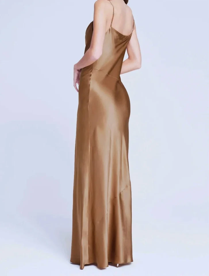 Vestido maxi L'AGENCE sela marrom bronzeado capuz corte viés seda Charmeuse Arianne 8 = M - Imagem 3 de 4