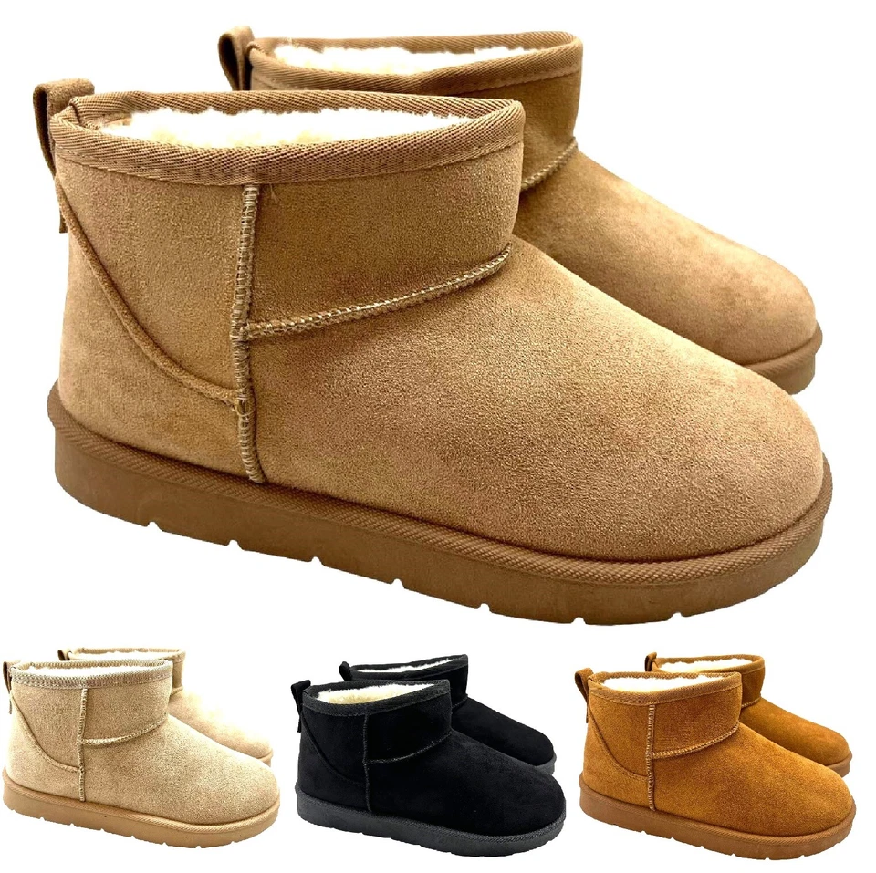 DAMEN DAMEN FLACH KNÖCHEL WARM KUNSTFELL GEFÜTTERT WINTER KUSCHELIG SLIPPER SCHUHE STIEFEL GR