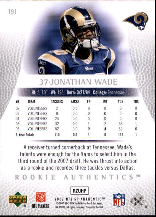 B0364- 2007 SP Authentic #191 Jonathan Wade RC /999 - NM-MT - Image 2 of 2