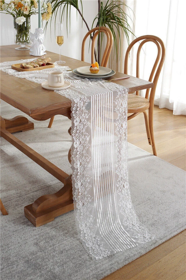 White Vintage Embroidered Lace Table Runner Rectangle Dresser Scarf Wedding - Image 2 of 4