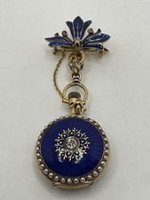 Antike Broschenuhr Gold 750 mit Diamanten und Perlen im Etui um 1900