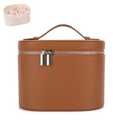Makeup Bag Brown Leather Travel Cosmetic Organizer Compartments Divider Bags
