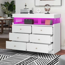 Cajoneras De Madera Blanca Con Luz y Estación Carga Para Ropa 6 Cajones Comoda