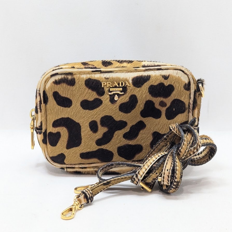 PRADA レオパード ハラコバッグ ゴールド金具 PRADA Harako Leopard Mini Shoulder Bag Leather Logo Beige Gold 7/G