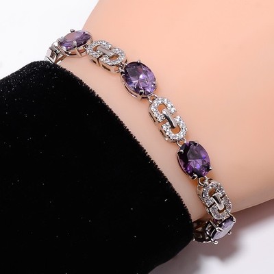 Purple Amethyst, CZ 925 Sterling Silver Adjustable Bracelet 7-8'' B140222
