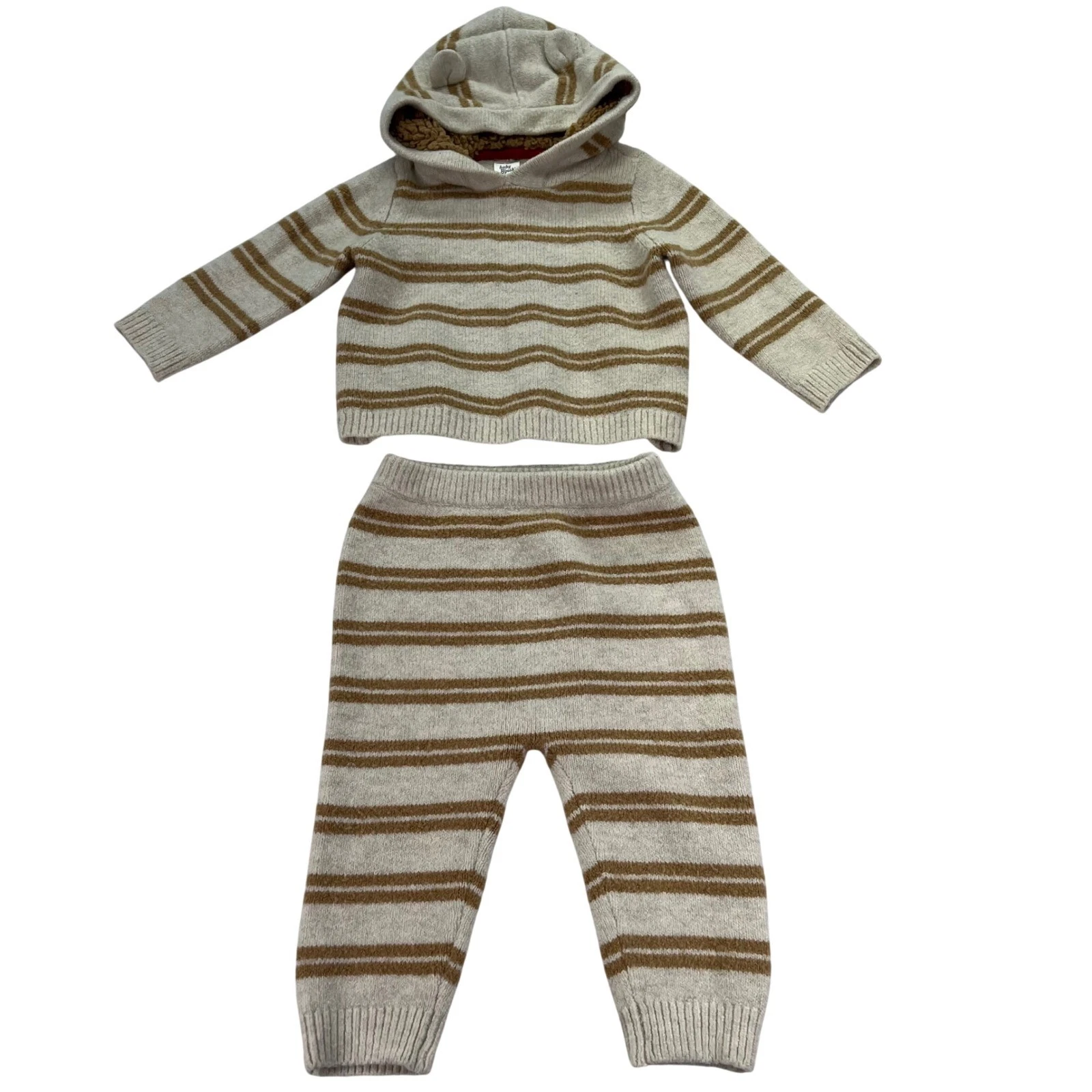 OshKosh Baby B'gosh Striped Knit Hoodie and Pants Set Kids 12M Teddy Ears Soft