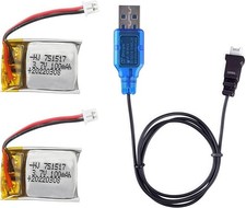 2 Pcs 3.7V 100mAh 20C PH1.25 Plug Rechargeable Lipo Battery with USB blue