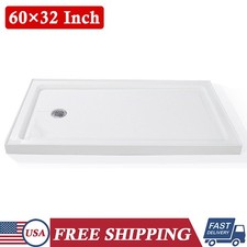 32x60 in Shower Base Modern White Acrylic Shower Pans w/ Stainless Steel Drainer