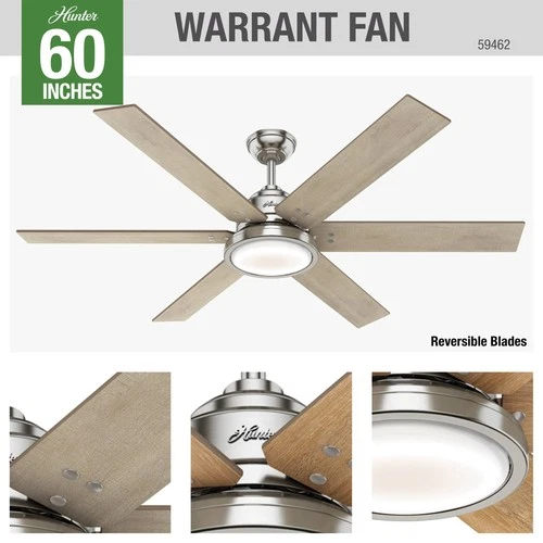 60" Hunter Warrant Brushed Nickel LED DC Ceiling Fan with Wall Control - Picture 4 of 10