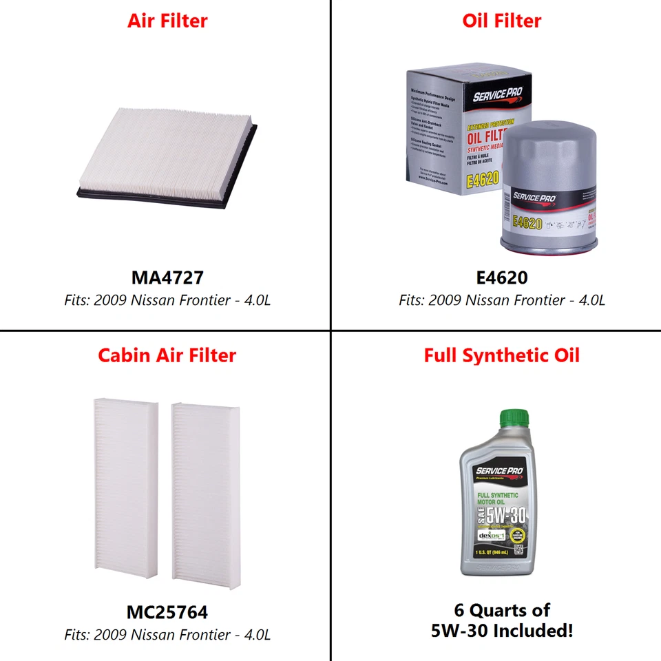 2009 Nissan Frontier 4.0L Complete Air, Oil & Cabin Filter Kit (5W-30) - Imagem 2 de 4