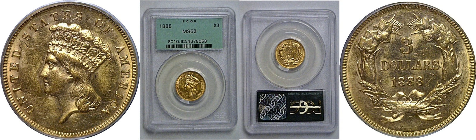 1888 $3 Princess Gold PCGS MS-62